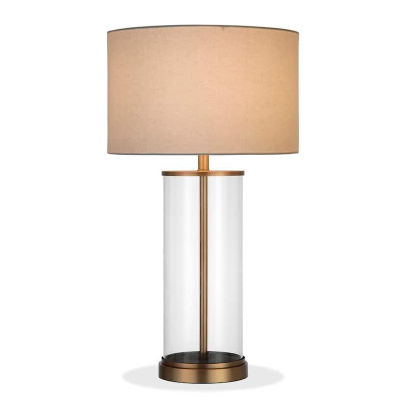 Reeves Cylindrical Clear Glass & Antique Brass Table Lamp with Linen Shade