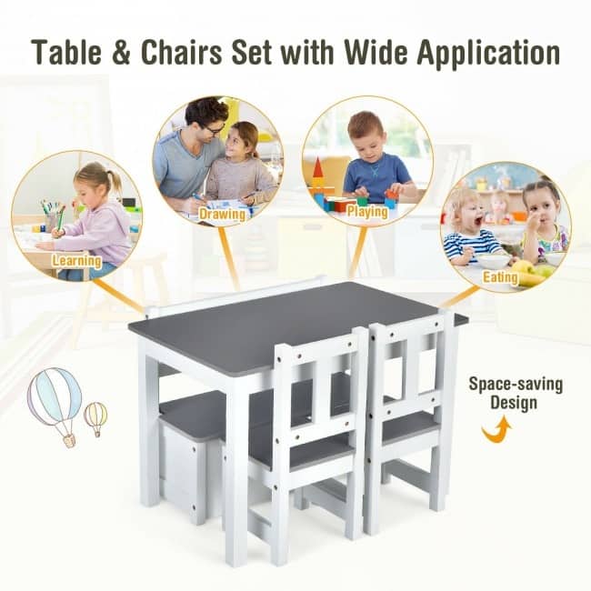 4 Pieces Kids Wooden Activity Table and Chairs Set with Storage Bench and Study Desk - 27.5" (L) X 19" (W) X 20" (H)