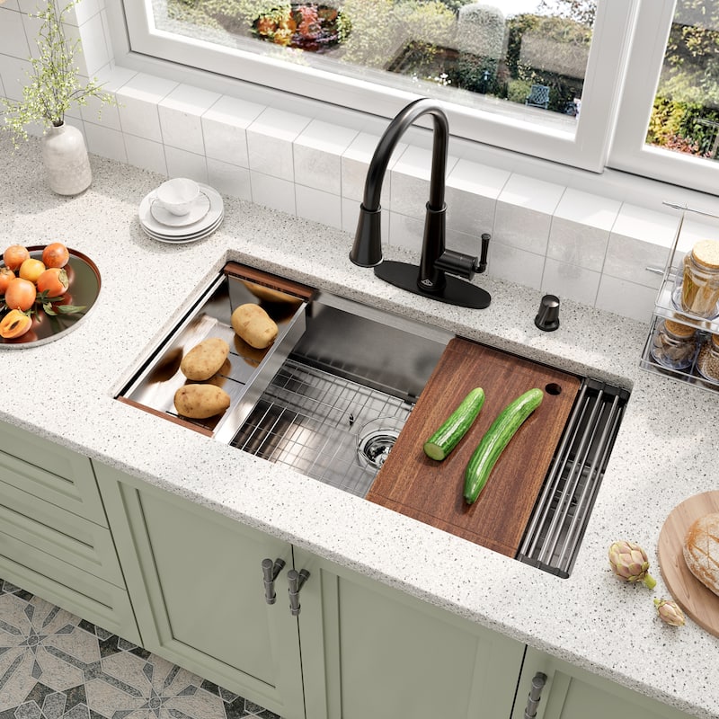 Undermount Nano Brushed Stainless Steel Workstation Kitchen Sink with Sensor-Activated Kitchen Faucet and Accessories