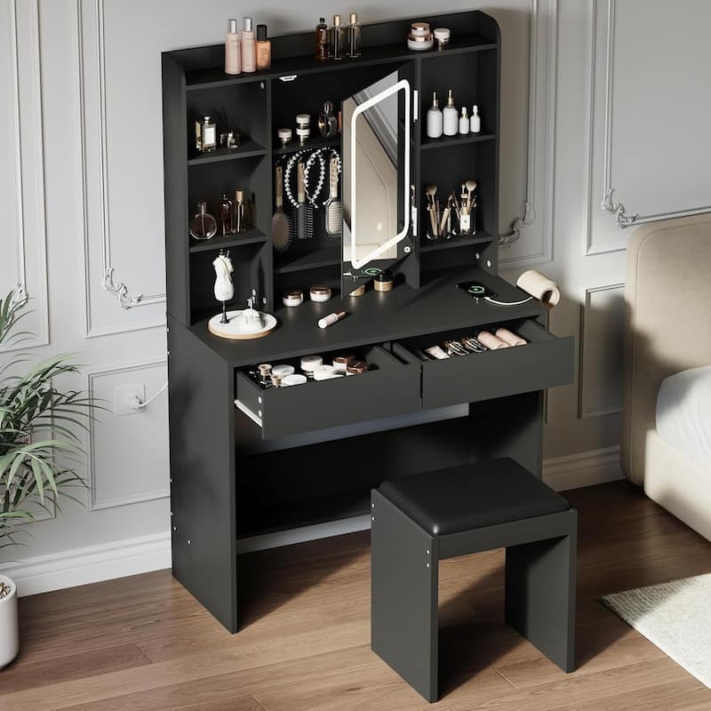 Vanity Desk with Mirror and Lights, USB Outlets for Bedroom - Black