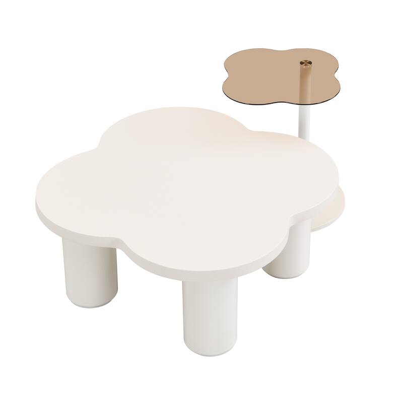Modern Coffee Table Set of 2, Irregular Shape Coffee Table with 4 Roman Column Legs and End Table with Glass Top for Living Room