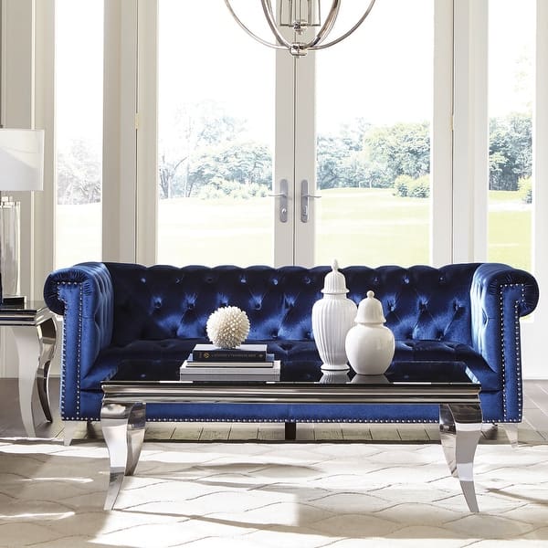 Modern Blue Velvet Tufted Sofa with Nailhead Trim Design Bed Bath