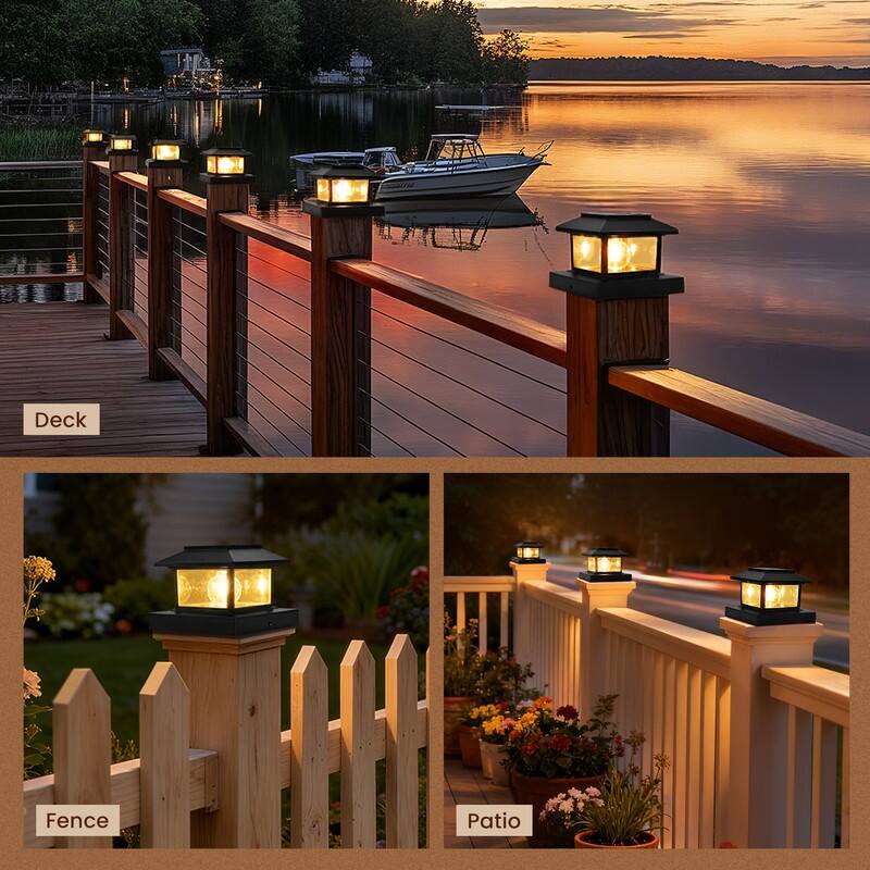 Solar 4x4 Post Cap Light with Warm White Tungsten Bulb, Waterproof Deck Fence Light, Black