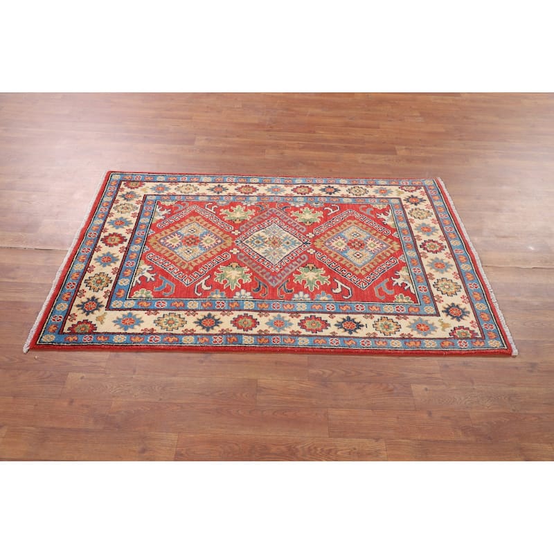 Geometric Orange Kazak Accent Rug Hand-Knotted Wool Carpet - 3'0" x 4'11"