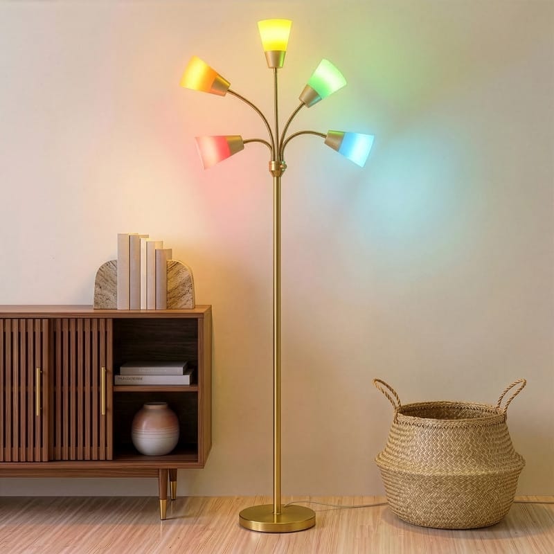 Brightech Medusa Modern 78 in. Antique Brass Modern 5-Light Adjustable Gooseneck LED Floor Lamp with 5 Multicolored Cone Shades