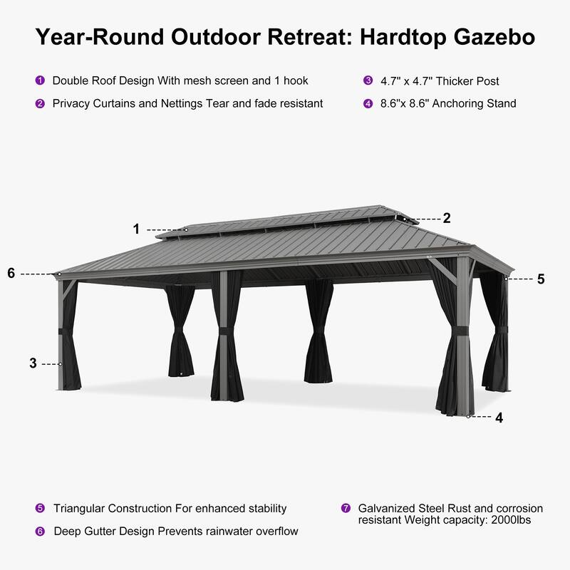 PURPLE LEAF Patio Gazebo for Backyard Hardtop Galvanized Steel Frame with Upgrade Curtain - Light Grey