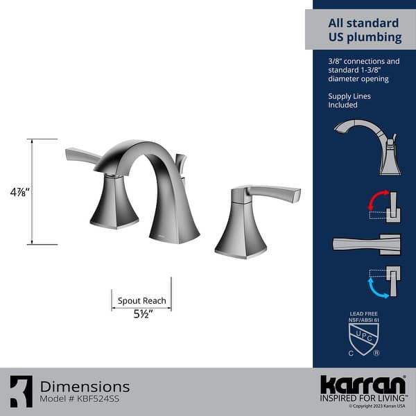 dimension image slide 3 of 4, Karran Randburg KBF524 2-Handle Three Hole Widespread Bathroom Faucet with Matching Pop-up Drain