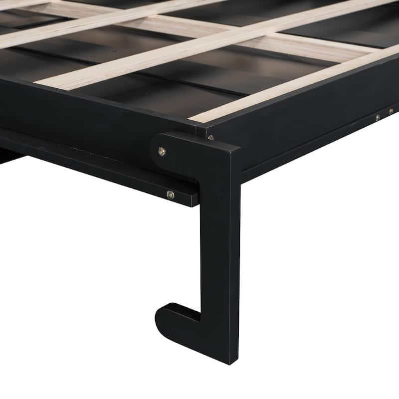 LED Wood Queen Size Foldable Murphy Bed with Drawers and Storage Shelves