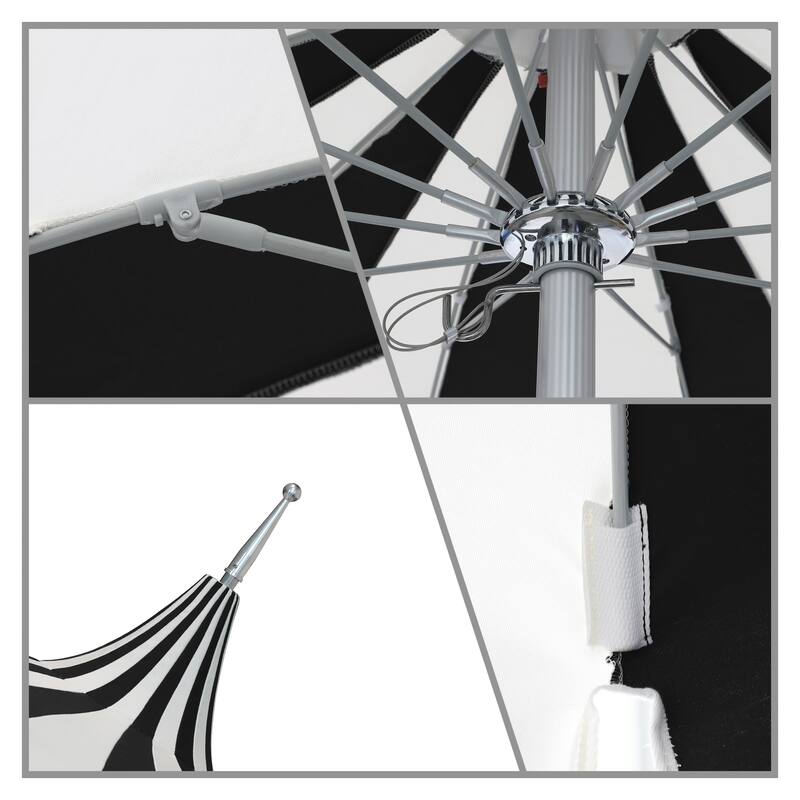 California Umbrella 8.5' Pagoda Series Patio Umbrella Silver Anodized Aluminum Pole Push Lift Sunbrella Natural & Pacific Blue