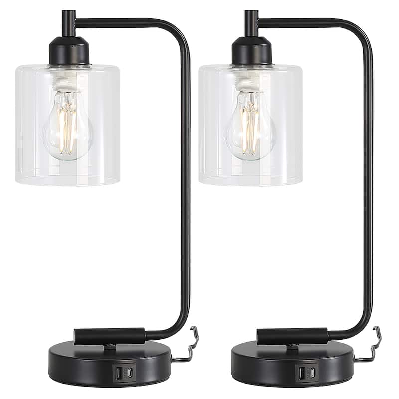 Sofuor Set of 2 Touch Control Table Lamps with Type-C and USB port 3-Way Dimmable Black , Glass Shade & 2 LED Bulbs Included - Black