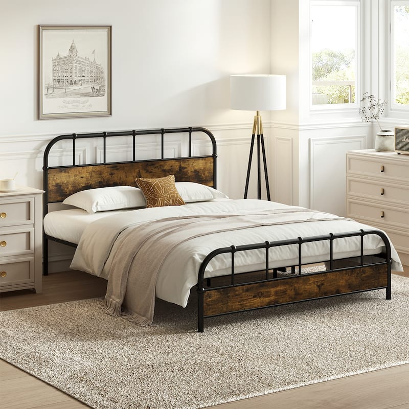 Gymax Queen Size Bed Frame Industrial Platform Bed Frame w/ Under Bed - Black & Rustic Brown - Queen