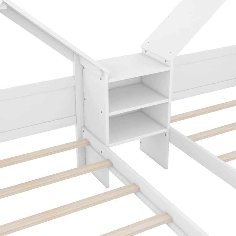 Roomfitters Double Twin Size Platform Bed with House-Shaped Headboard and Built-In Nightstand