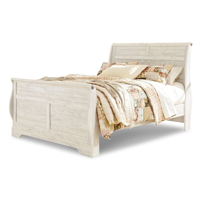 Isla Queen Sleigh Bed, Faux Planks, Farmhouse Whitewash Wood, Bronze