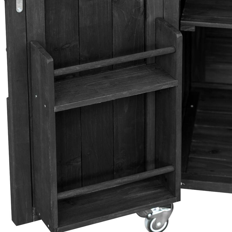 Outdoor Kitchen Island with Spice Rack, Rolling Bar Cart & Storage Cabinet, Wood Grill Table with Stainless Steel Top