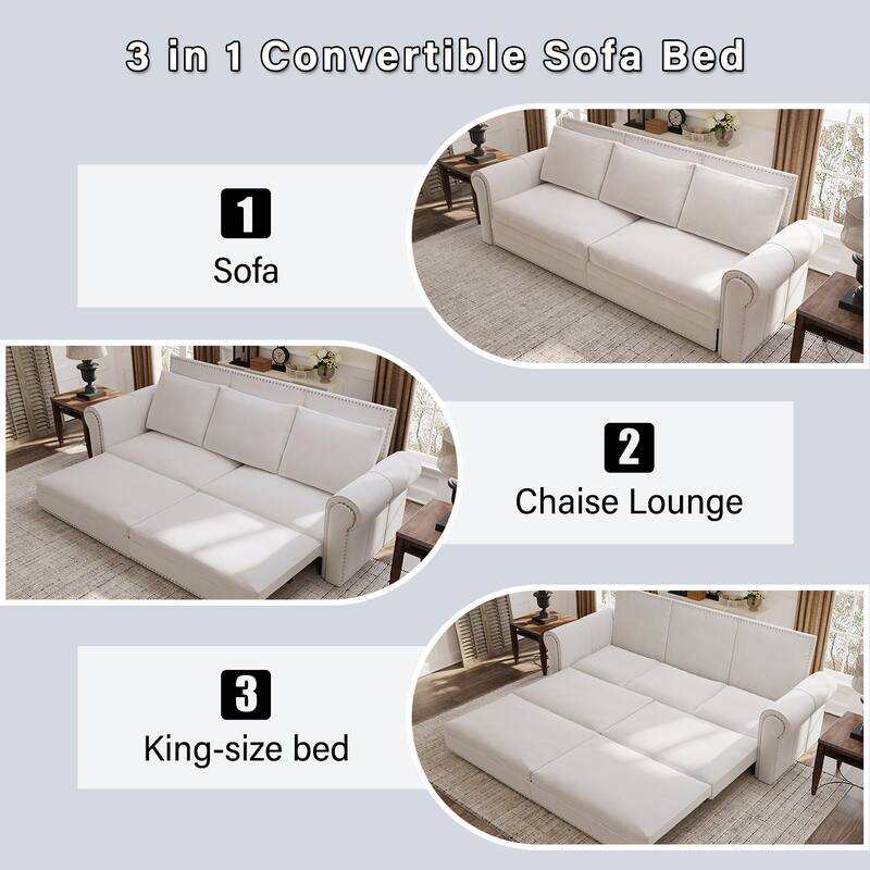 93.7" King Pull Out Sofa Bed w/ Nailhead Trim & Rolled Arm for Living Room Bedroom - White