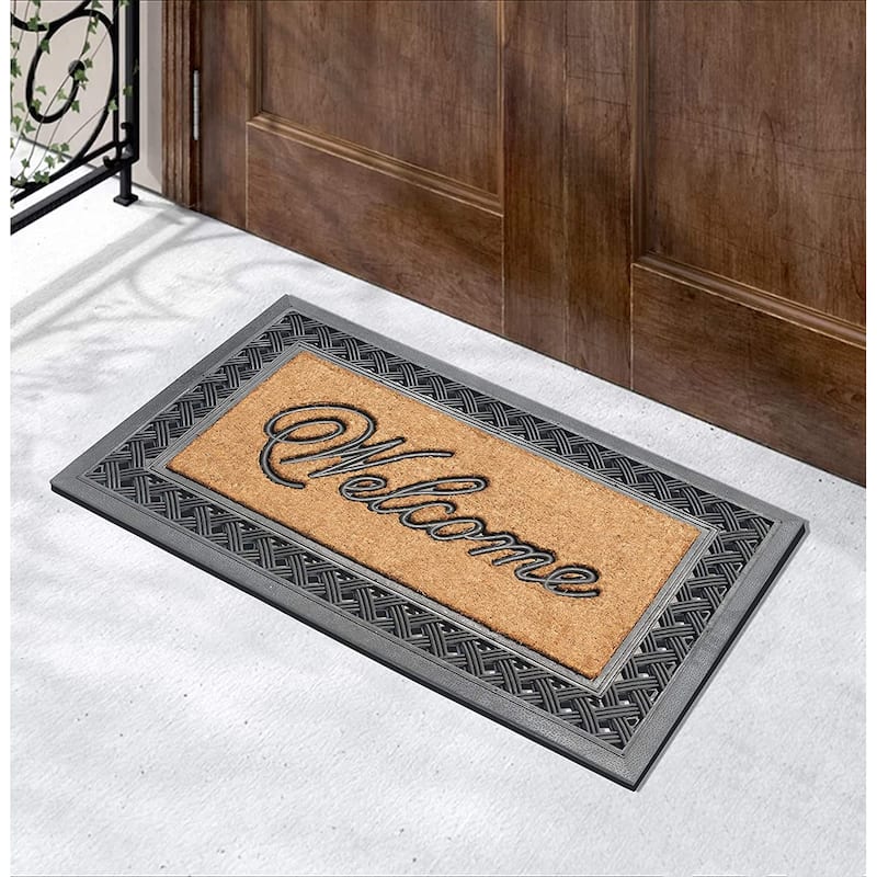 A1HC Welcome Check Border Rubber and Coir Outdoor Doormat, 23"X38", Black
