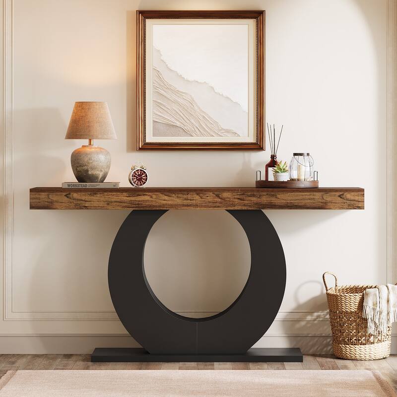 Industrial Sofa Console Table with Round Metal Base for Entryway