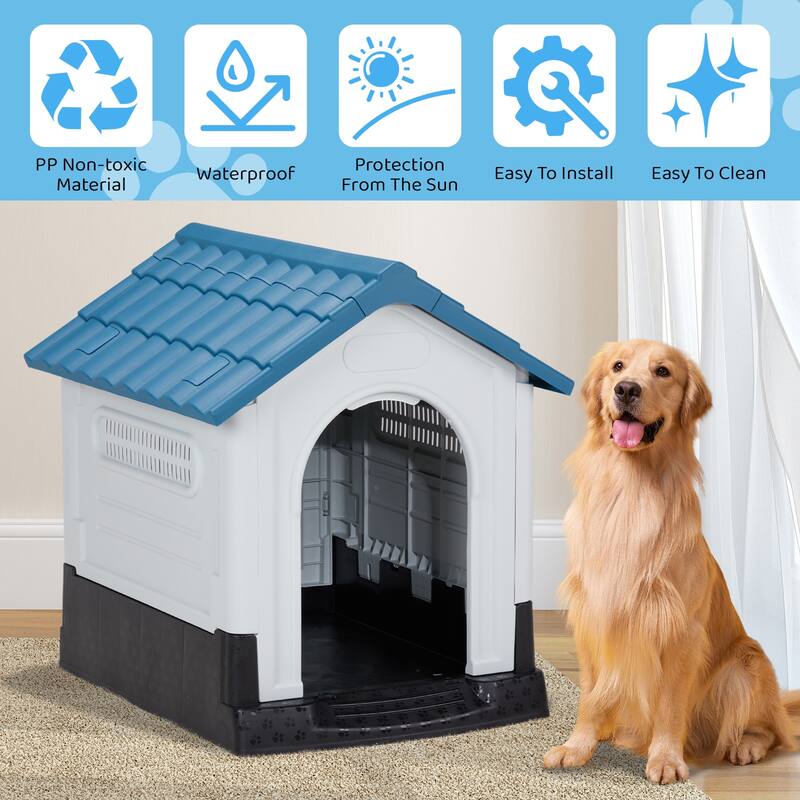 Plastic Dog House with Air Vents, Elevated Floor, Insulated Outdoor Indoor Kennel for Small Dogs
