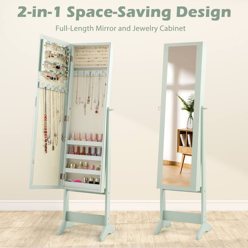 Gymax Mirrored Jewelry Armoire Standing Jewelry Cabinet w/ Full-Length