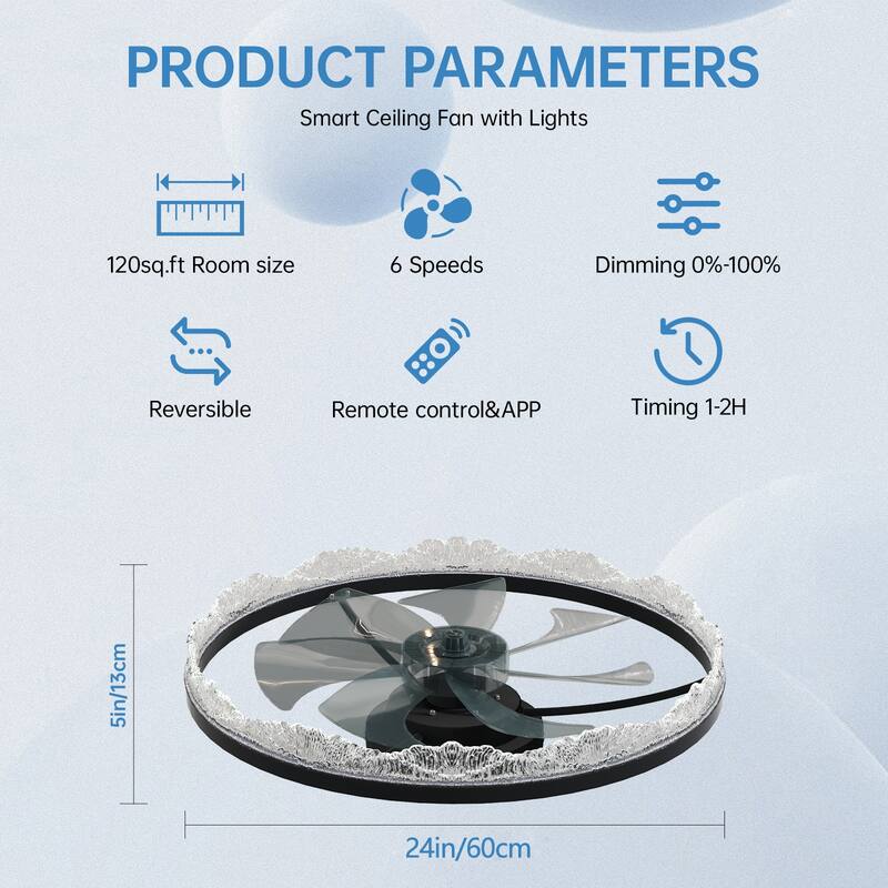 Acrylic Crystal Ring Ceiling Fan with Dimmable Light & Remote Control, Modern Flush Mount Ceiling Light with Fan for Bedroom