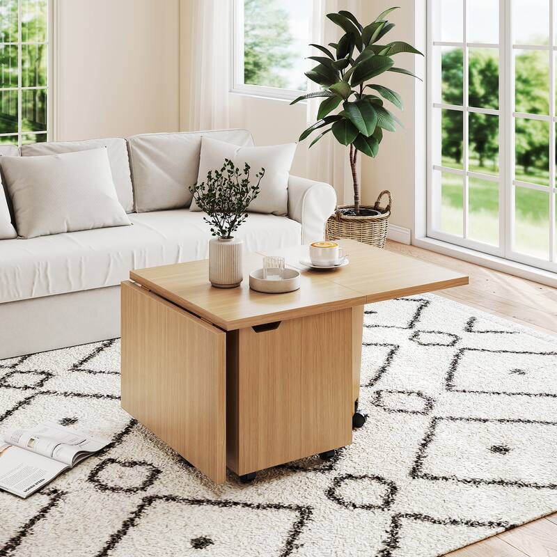 Folding Coffee Table with Storage Cabinet Expandable Living Room Table on Wheels with Quick Folding Top - 48" x 24" x 18"
