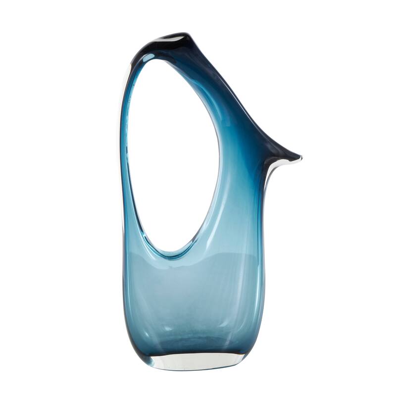 Blue Glass Abstract Vase with Cutout Handle and Elongated Opening