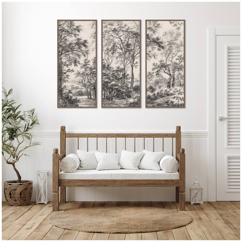 Kate and Laurel Wooded 1648 Antonie Waterloo Linen Panel 3 Piece Framed Canvas Wall Art Set by Nostalgia Prints
