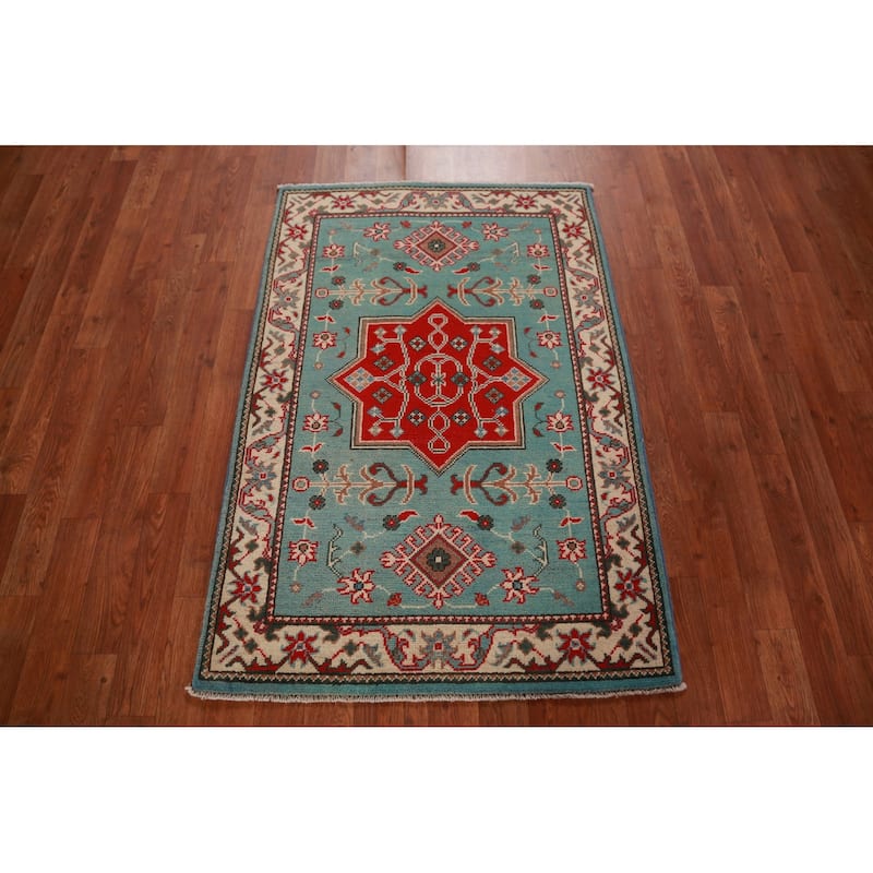 Geometric Kazak Foyer Rug Hand-Knotted Blue Traditional Wool Carpet - 2'8"x 4'0"