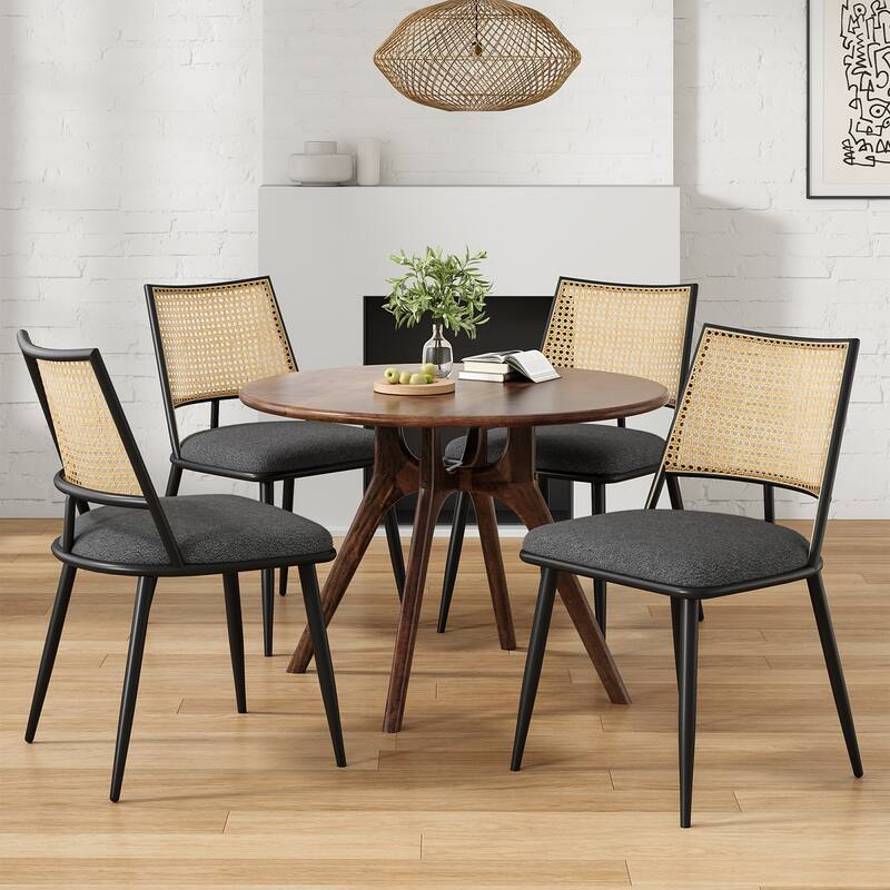 Dining Chairs Set of 2, Mid-Century Modern Kitchen Chairs with Rattan Backrest & Metal Frame, Boucle Upholstered Accent Chairs