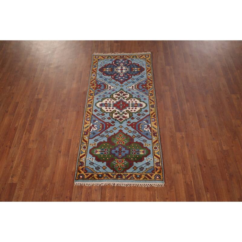 Blue Geometric Kazak Oriental Foyer Rug Handmade Wool Carpet - 2'7"x 5'9"