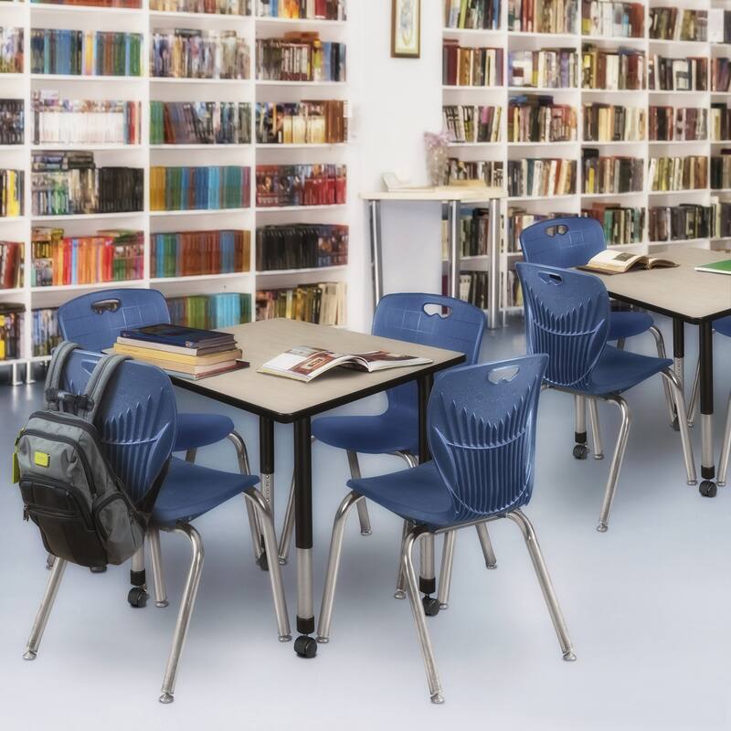 36 in. Square Height Adjustable Mobile Classroom Table - Maple & 4 4 18-in Stack Chairs- Navy Blue