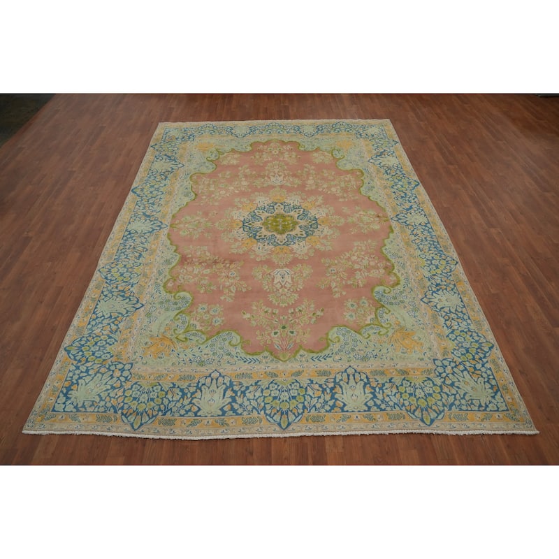 Hand Knotted Oriental 100% Wool Carpet Traditional Floral Pink Kerman Area Rug - 12' 0'' X 8' 1''