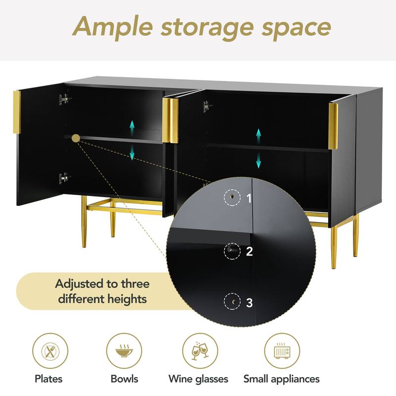 Stylish Sideboard Buffet Cabinet with Wavy Stripe Design, Gold Metal Legs, Ample Storage Space for Hallway, Living Room