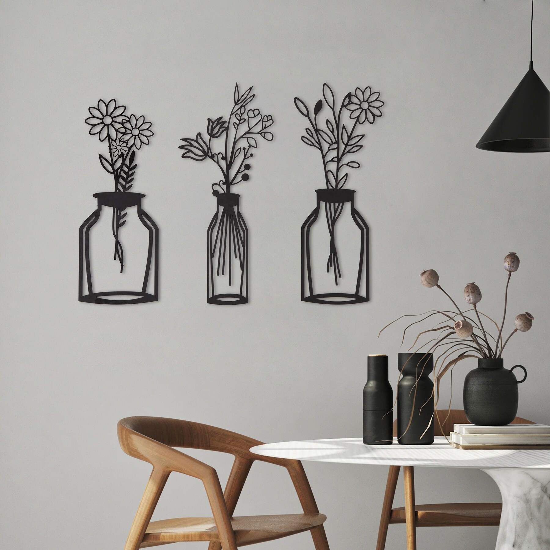 Habitat Decor Wazon Black Botanical Vases Metal Wall Art Set