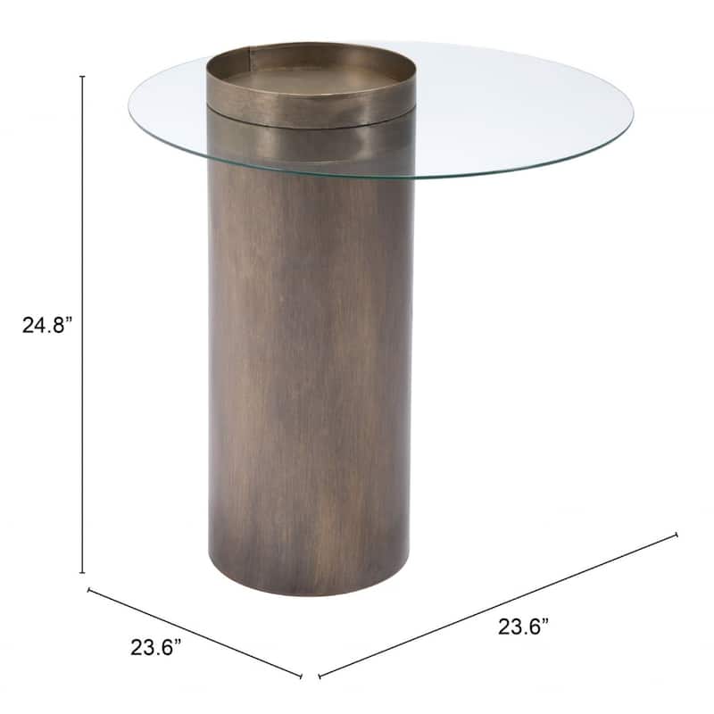 Modern Antique Gold End Table with Glass Top and Steel Base - 23.60" x 23.60" x 24.80"