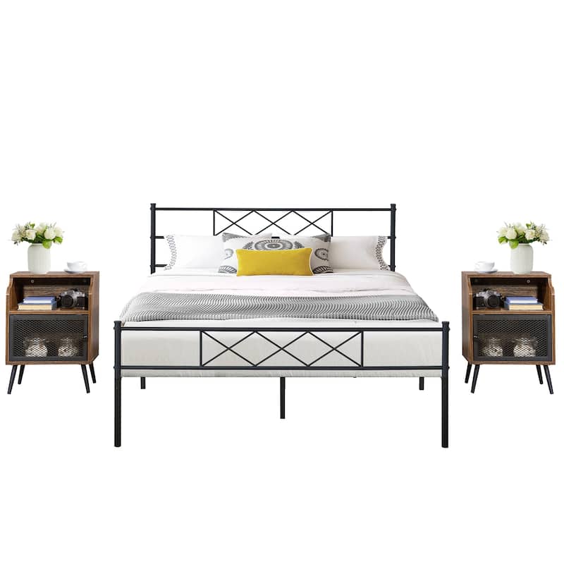 Taomika 3-pieces Bed Frame and Brown Nightstands Sets - Full - 3 Piece