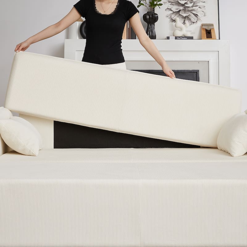 3-in-1 Pull Out Sleeper Sofa Bed, Convertible Corduroy Loveseat Couch with Casters, 4 Pillows and Side Pockets for Living Room