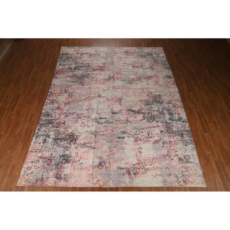 Contemporary Abstract Indian Area Rug Hand-Knotted Wool Carpet - 9'0"x 11'10"