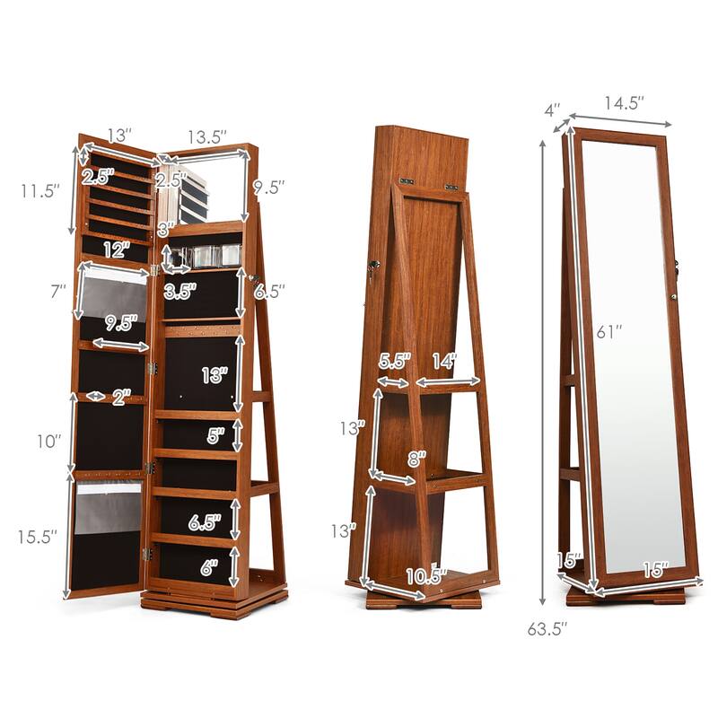 Costway 360degree Rotatable Jewelry Cabinet 2-in-1 Lockable Mirrored - See Details
