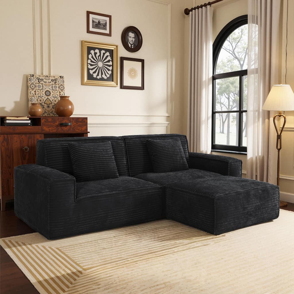Anmytek Plush Modern Large Striped Fabric Vacuum Compressed Full Sponge High Rebound No-Assembly Sofa with Foot Pedal Black