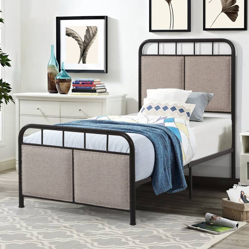 Twin Size Linen Upholstered Platform Metal Bed Frame