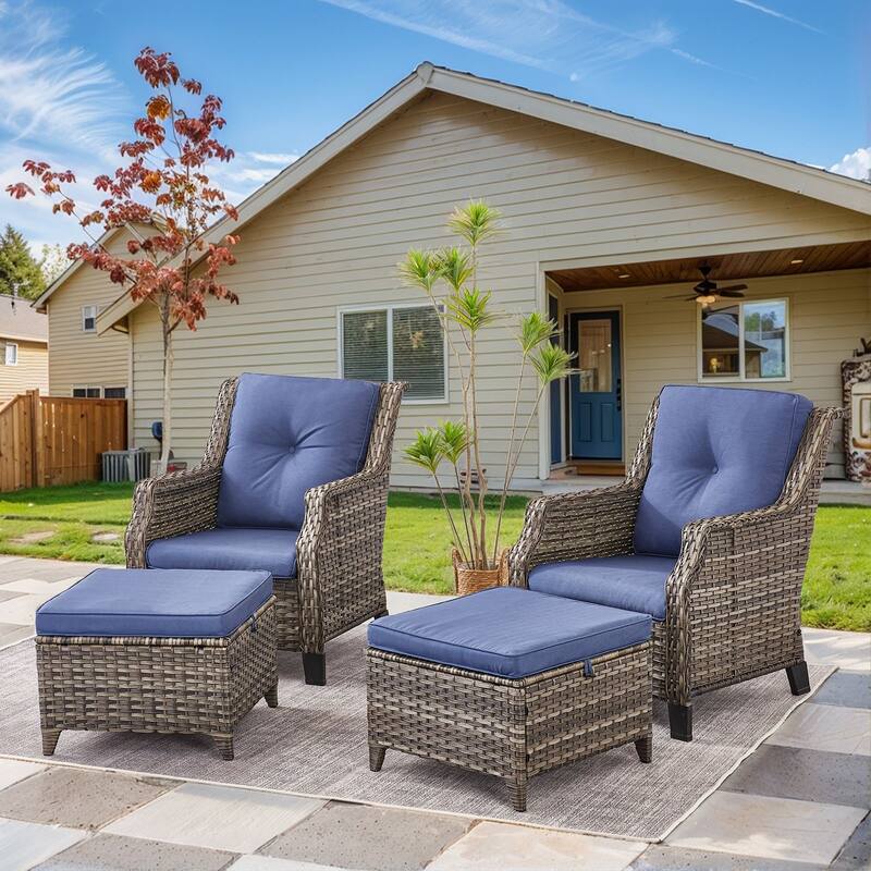 Gymojoy Outdoor Wicker Furniture Set with Cushions All-Weather PE Rattan - 4 PCS - Club Chairs & Ottomans - Blue