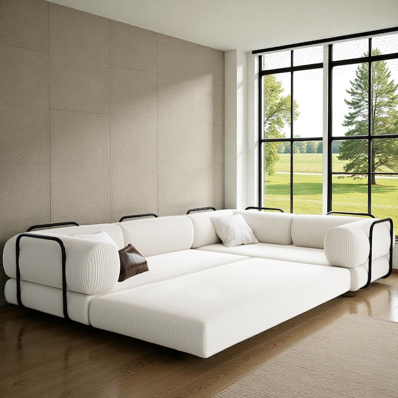 115" L-Shaped Modular Corduroy Sofa Bed with Adjustable Cushions, Modern Sleeper Couch for Living Room & Apartment