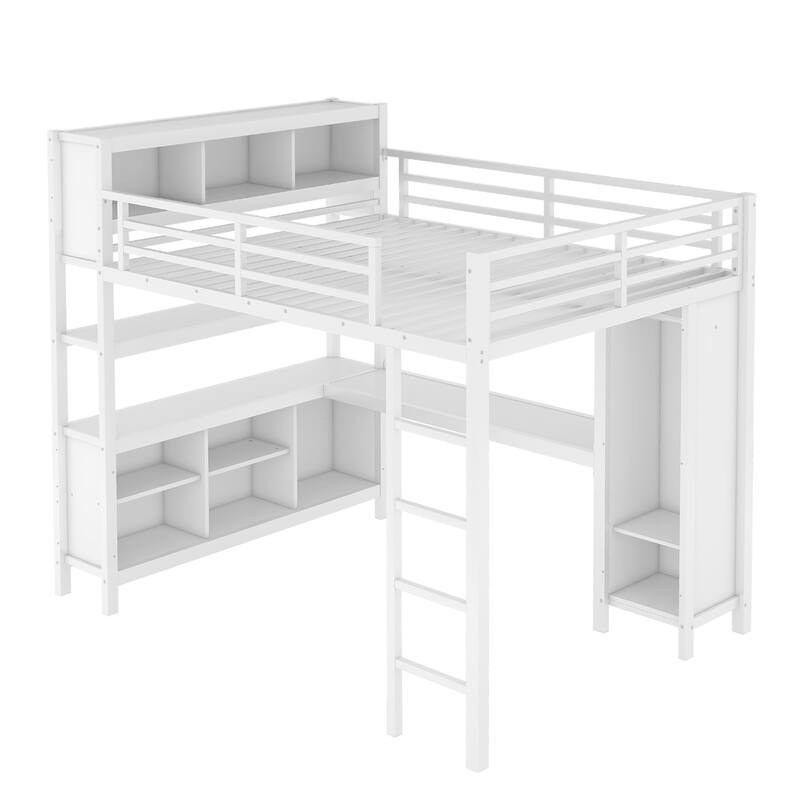 Queen Size Metal Loft Bed with Wardrobe, L-shaped Desk, and Storage Shelves for Kids, Teens, and Adults