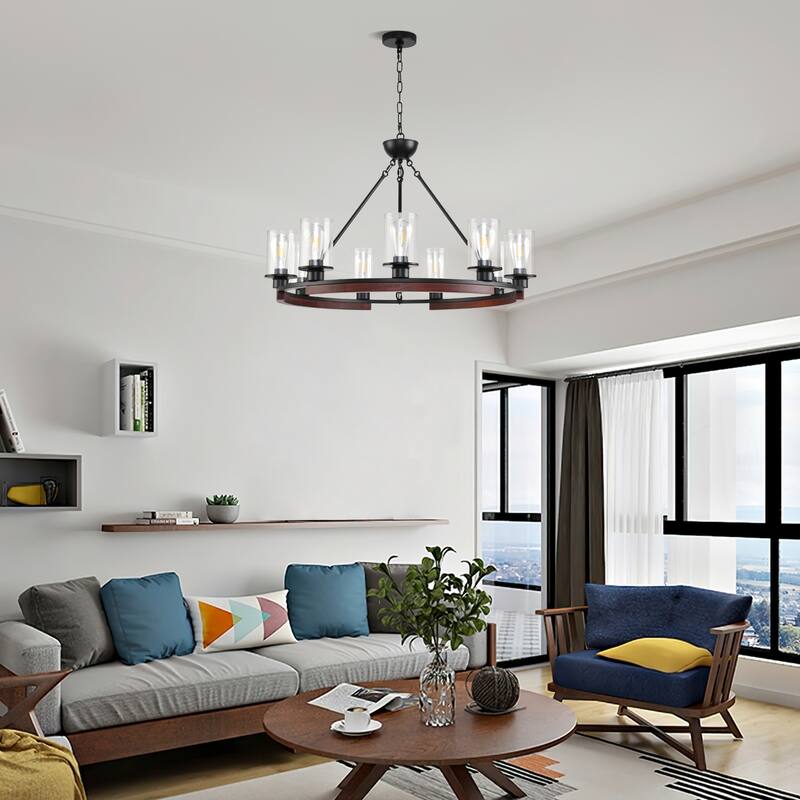 9 - Light Wagon Wheel Dimmable Chandelier with Wood Accents - Matte Black