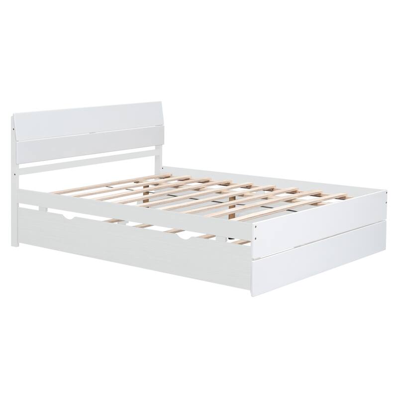 Modern Full Bed Frame with Twin Trundle, 2 Drawers, White High Gloss Finish