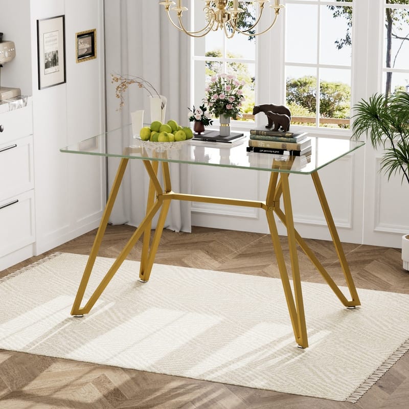 Gold Modern Tempered Glass Dining Table with Metal Legs for Kitchen, Living Room - 47.3"-Rectangular