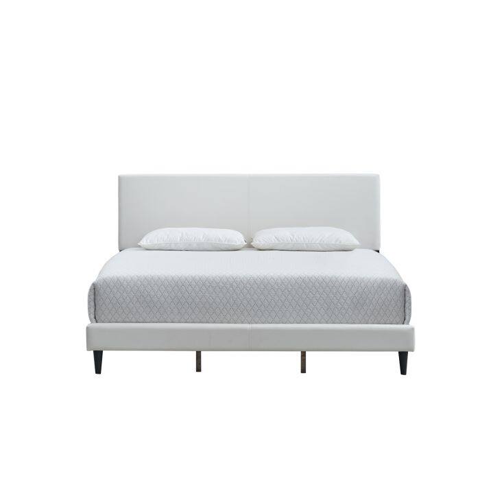 Full Upholstered Bed Frame with Adjustable Headboard in White Faux Leather