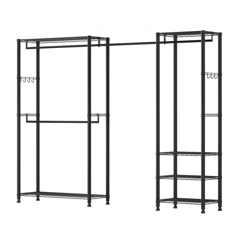 Black Adjustable Garment Rack with 6 Storage Shelves and Telescopic Rods for Clothing and Bags - 96.06” x 14.96” x 71”