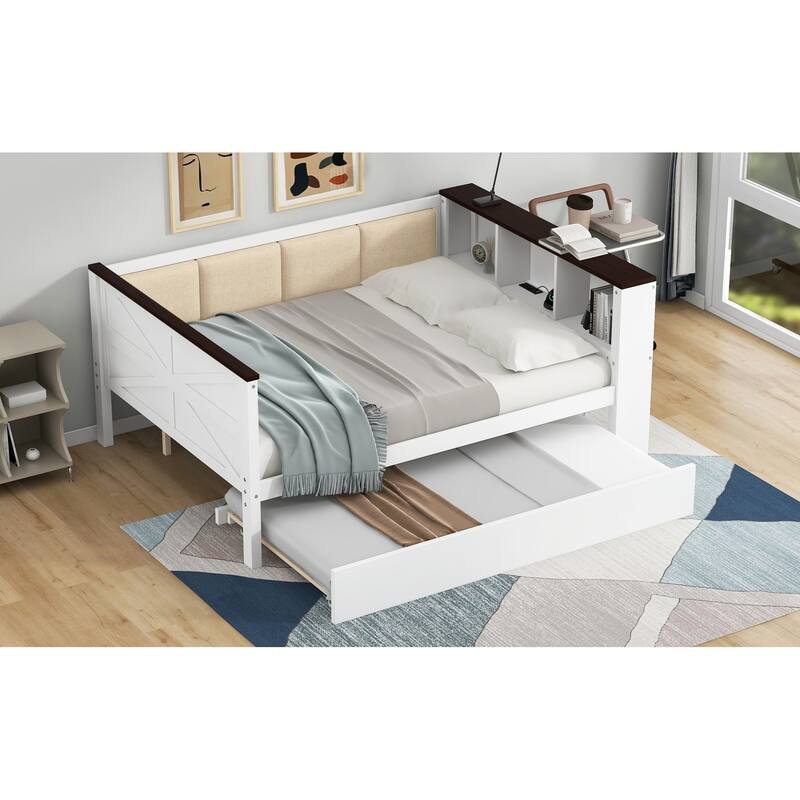 Wood Daybed with Storage Headboard Shelves Built-in USB, Upholstered Backrest and Trundle Bed, White Platform Storage Bed Frame